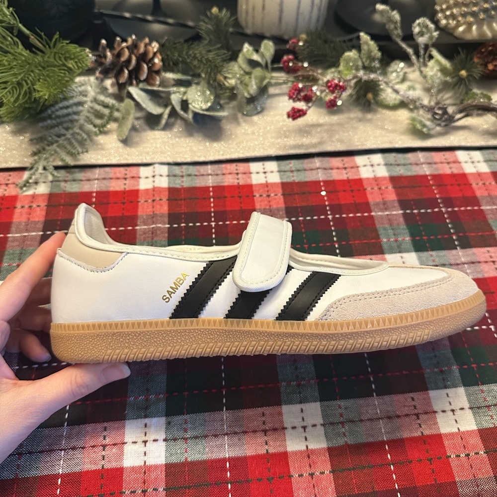 Adidas Samba Janes - White and Tan Flats with Black Stripes - Picture 3 of 14